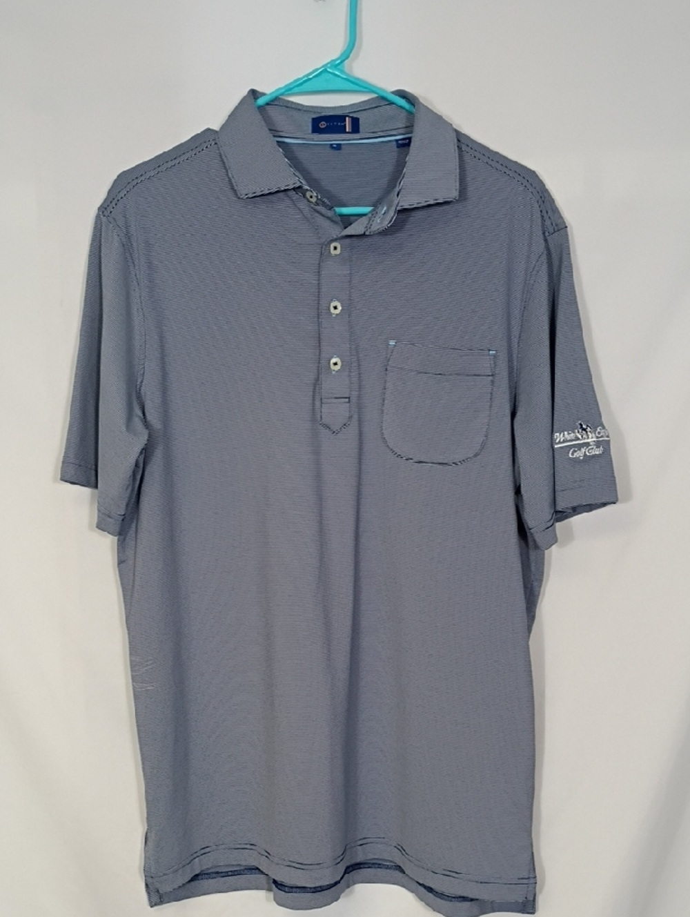 EUC Stich Golf Atlantic Stripe Polo Mens Size Medium White Eagle Gold Club Logo